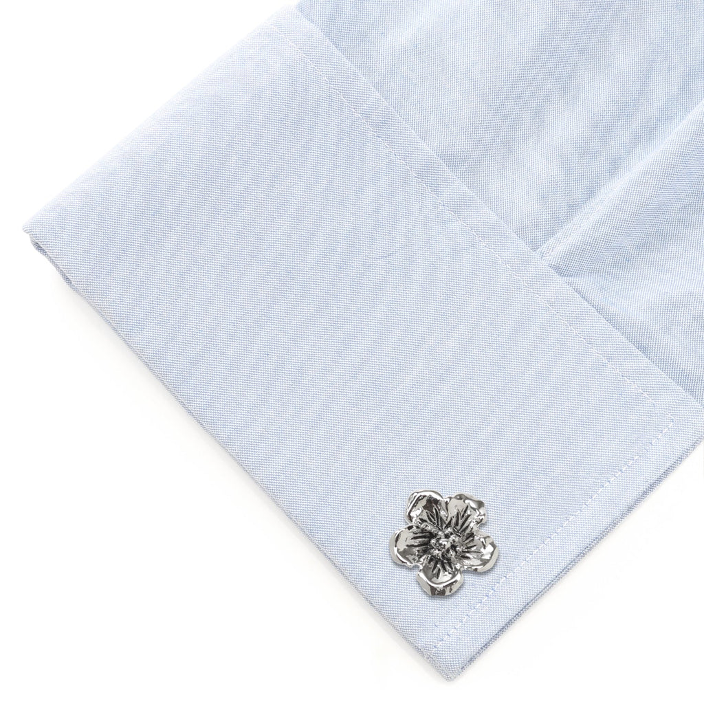Silver Tone Flower Cufflinks with Floral 3D Design