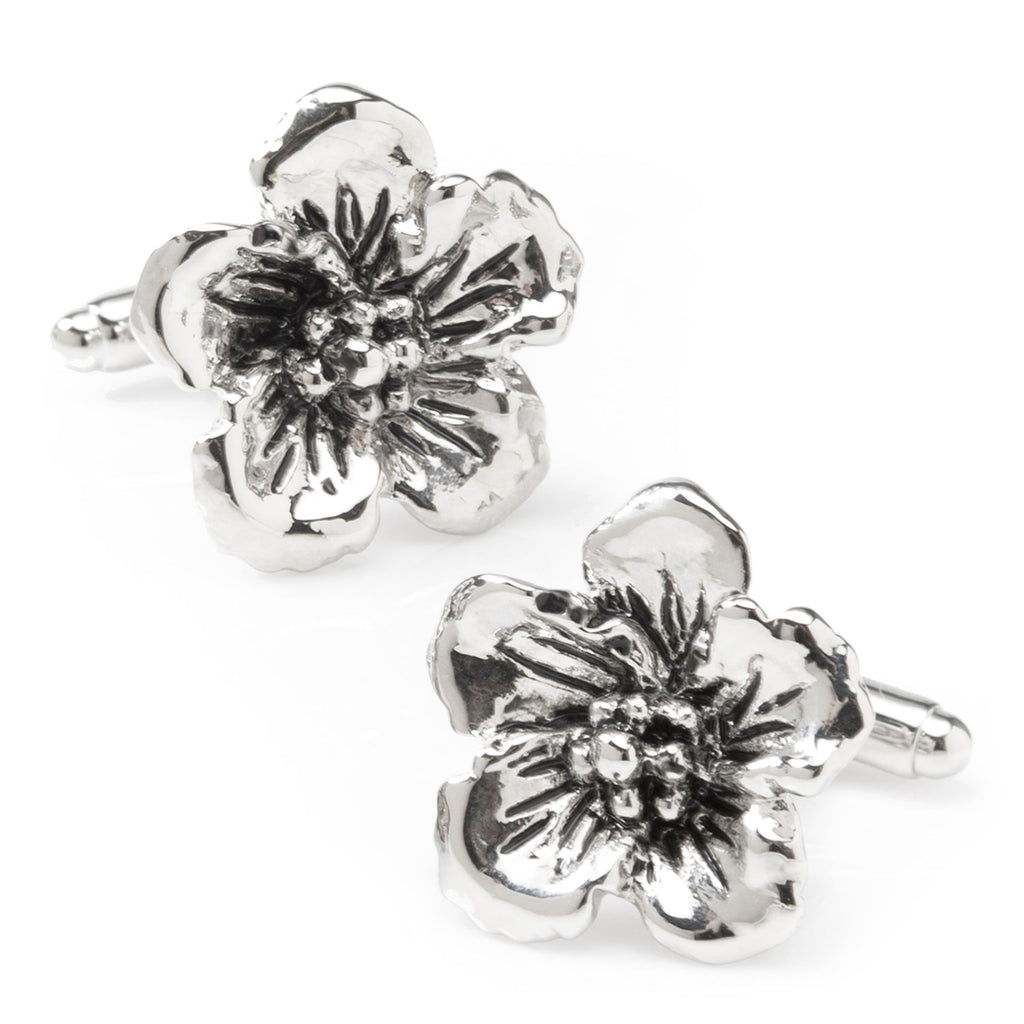 Silver Tone Flower Cufflinks with Floral 3D Design