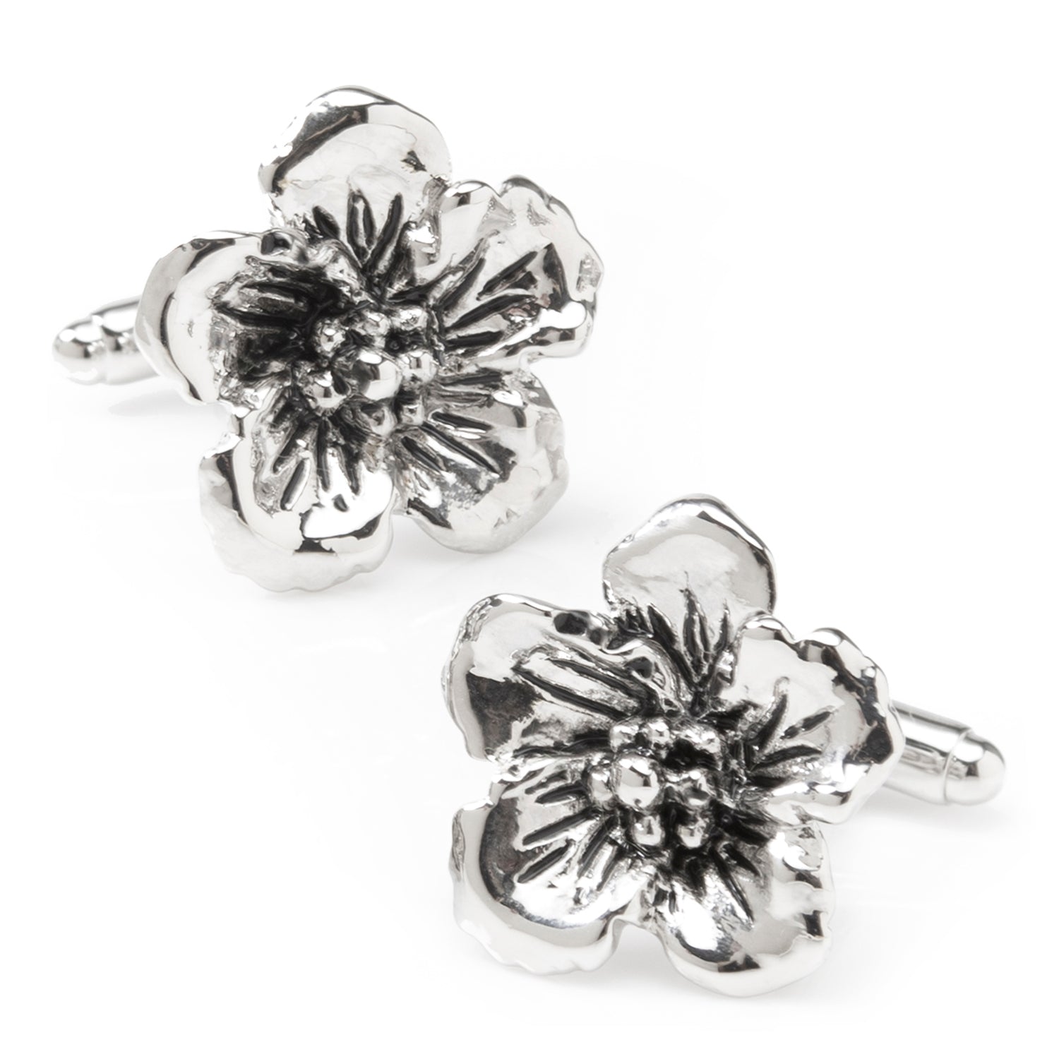 Silver Tone Flower Cufflinks with Floral 3D Design