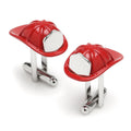 A pair of red 3D firefighter helmet cufflinks with a silver-tone metal backing.