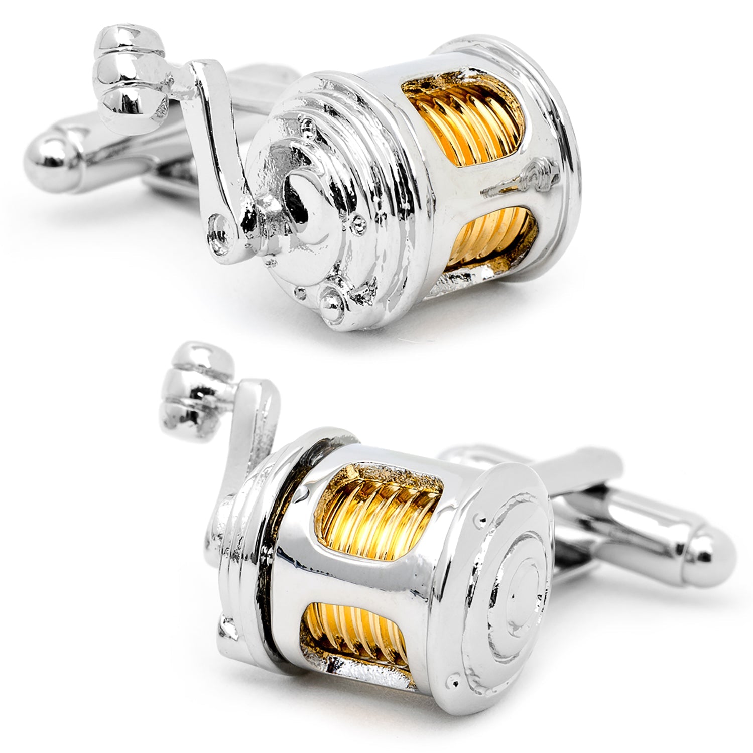 Close up of two-tone silver and gold fishing reel shaped cufflinks