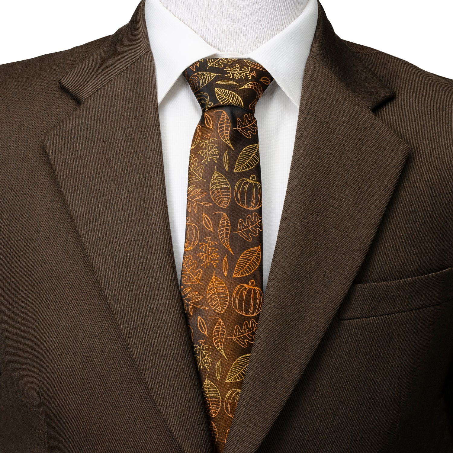 Fall Spice Brown Necktie with Pumpkin and Leaf Print - Image 2