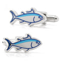 A pair of silver and blue fish-shaped cufflinks showing both the front design and the Good Catch text on the bullet back closures.