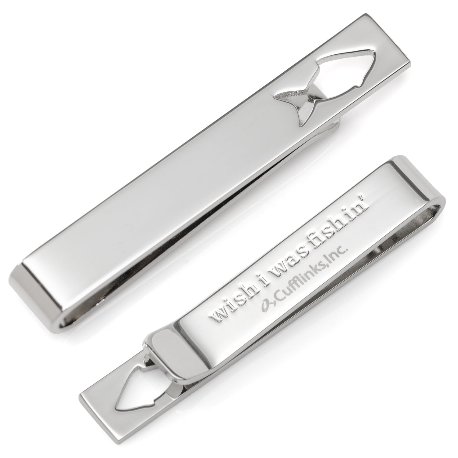 Silver tie bar with a fish-shaped cutout, shown both clipped on a navy necktie and unclipped to reveal the hidden 'Good Catch' message on the back.