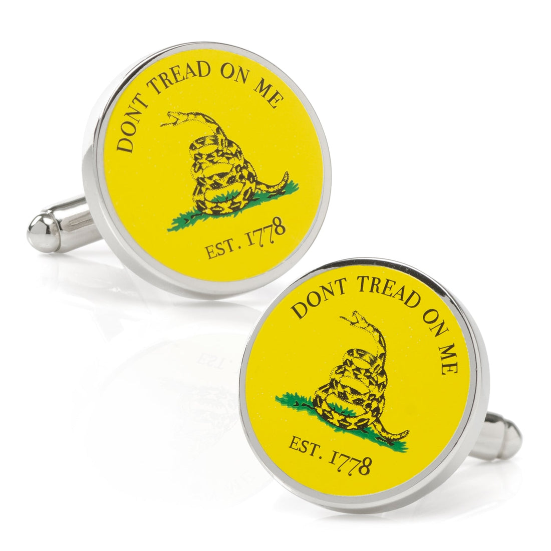 Round silver-tone cufflinks featuring the yellow Gadsden flag with a black rattlesnake and Don't Tread On Me text