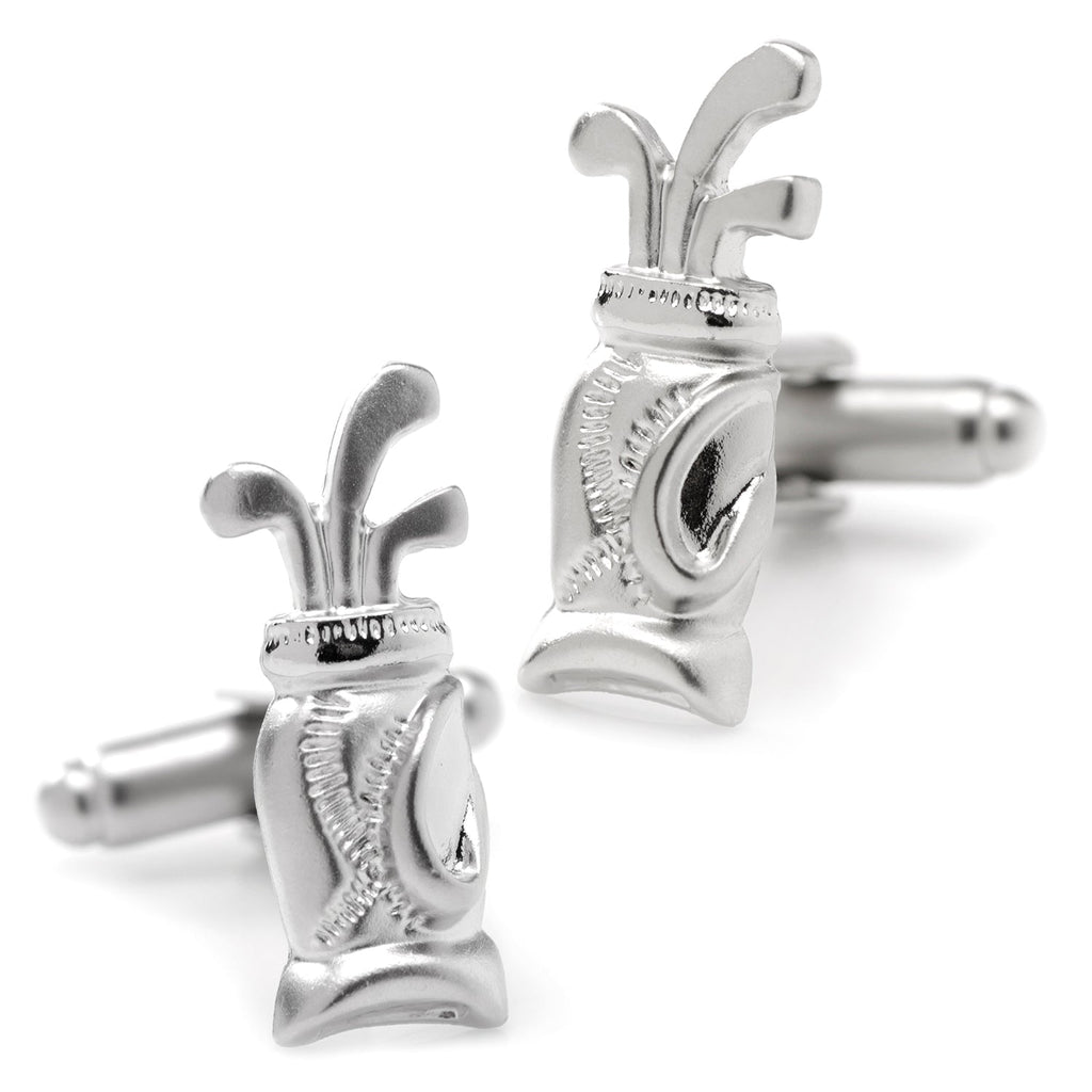 Silver plated golf bag shaped cufflinks with secure backing