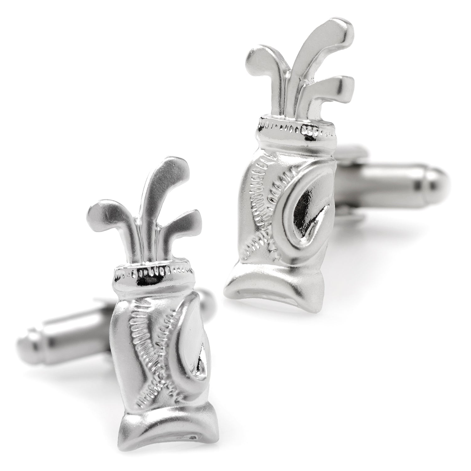 Silver plated golf bag shaped cufflinks with secure backing