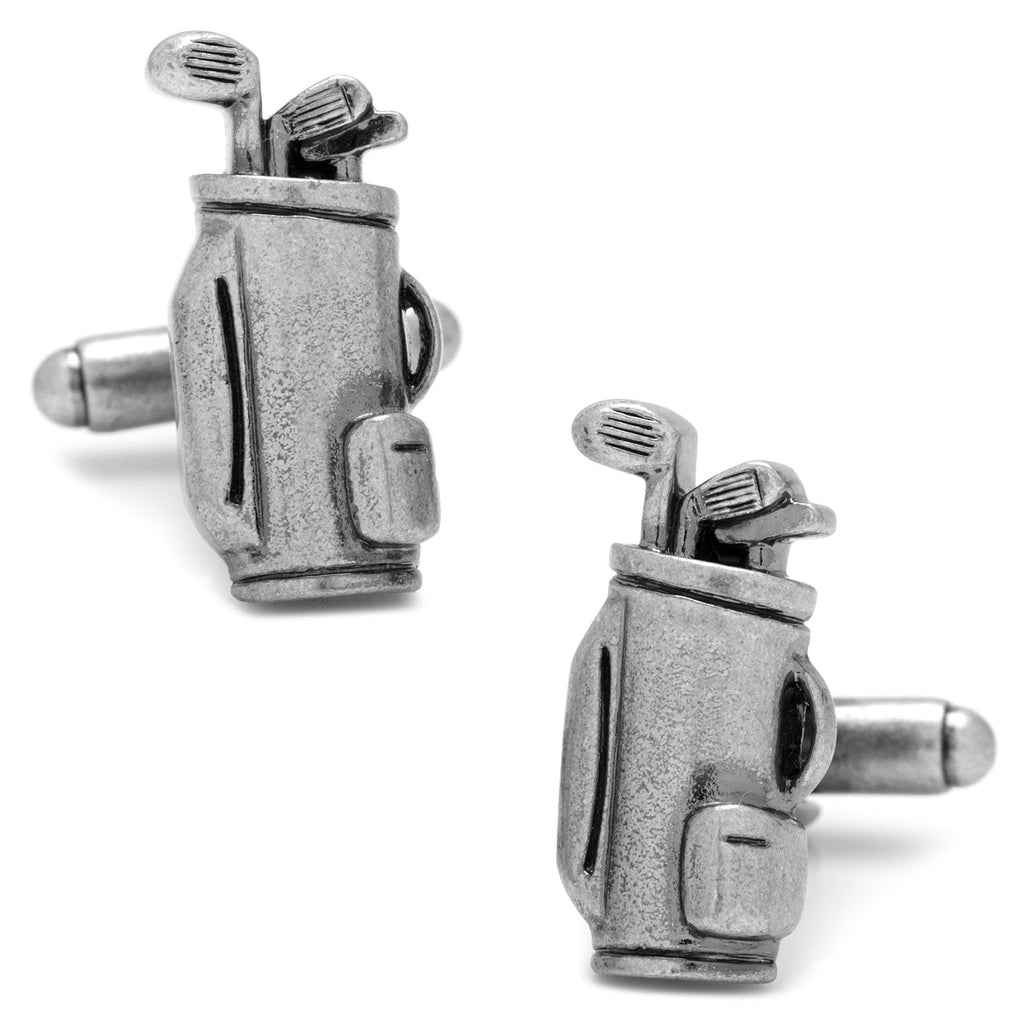 Close-up of silver-toned metal golf bag themed cufflinks against a white background.