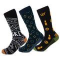 Three pairs of Gentlemens Night Out crew socks featuring whiskey, card suit, and beer snack designs.