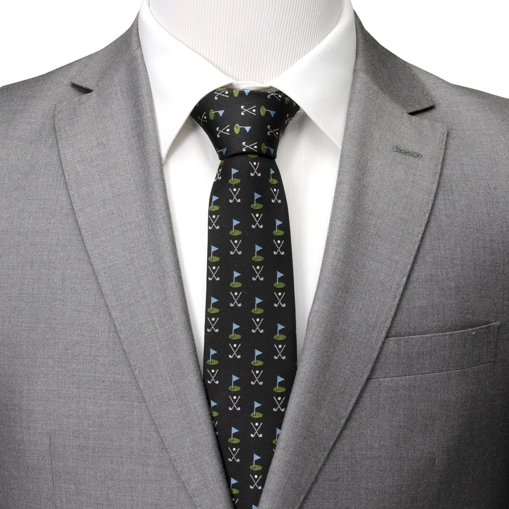 Men's Black Silk Golf Course Print Necktie for Golf Fans - Image 2
