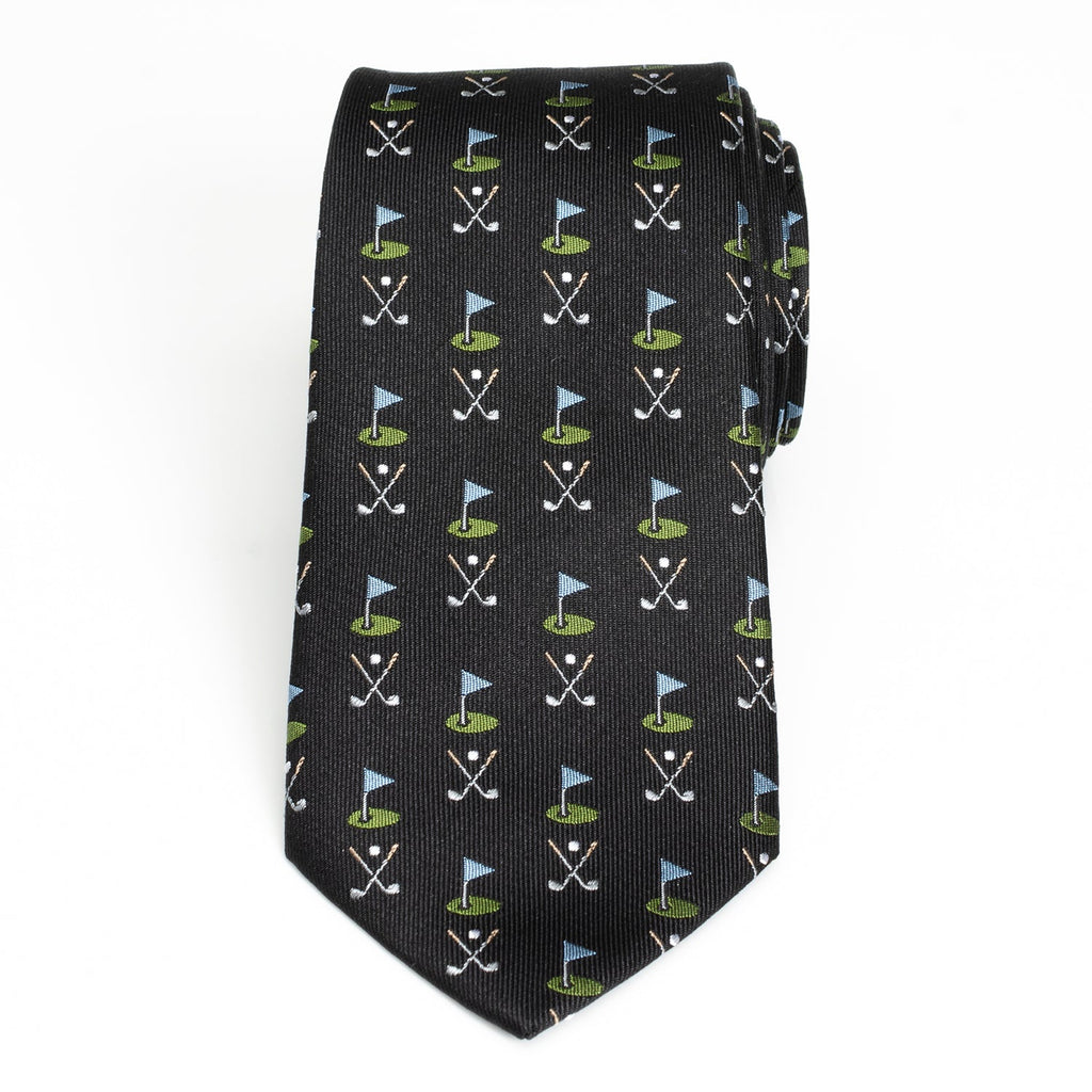 Men's Black Silk Golf Course Print Necktie for Golf Fans - Image 3