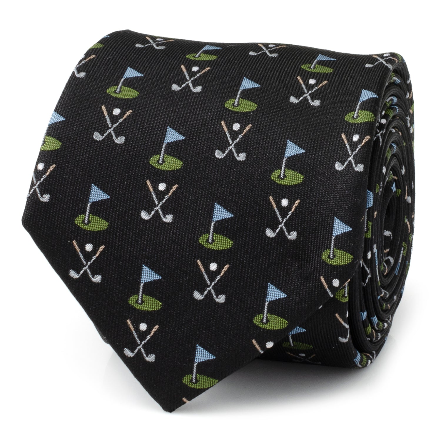 Close up of a black silk necktie with a pattern of golf clubs and golf course flags.