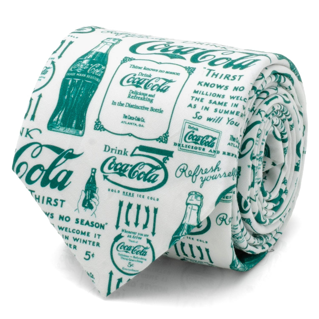Close up rolled view and back label view of a white necktie with green vintage Coca-Cola bottle and advertisement print