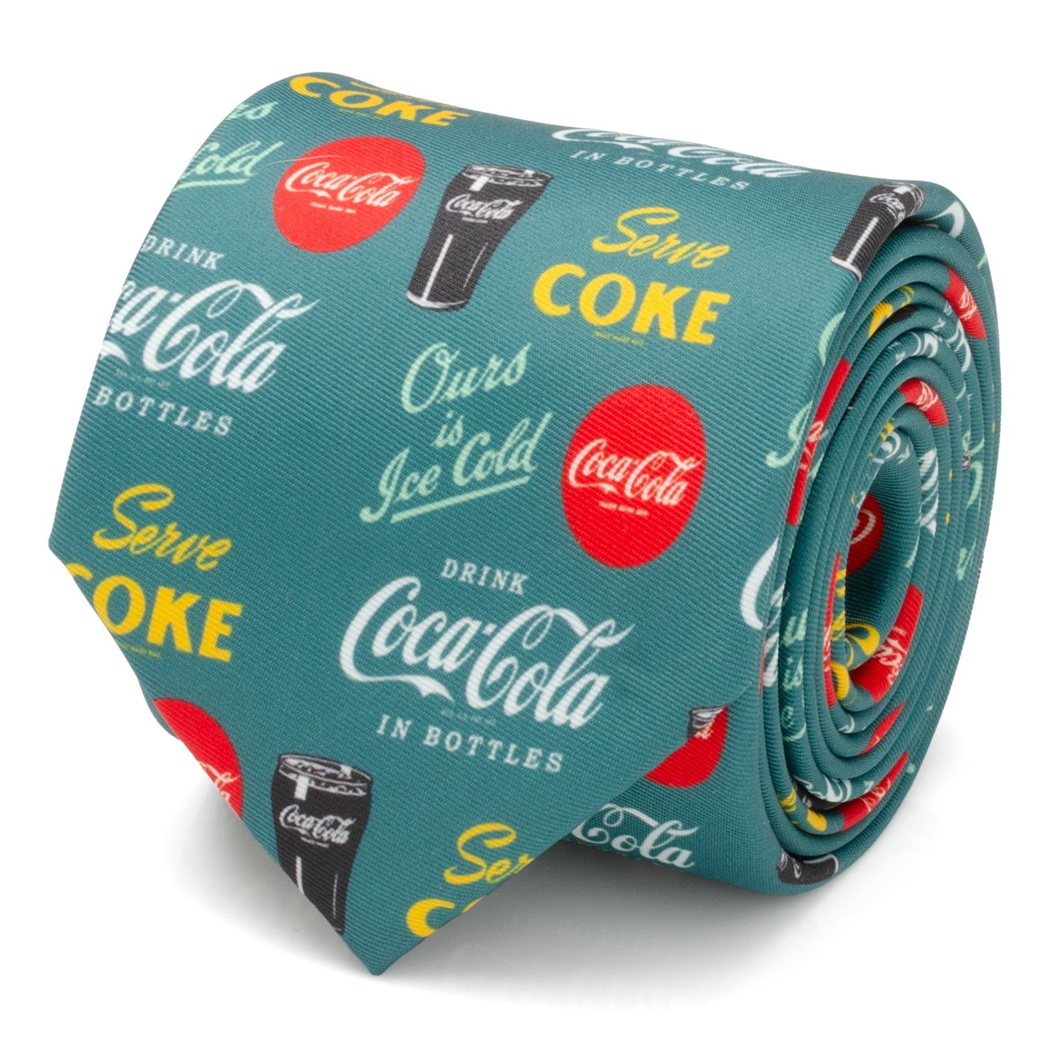 A green men's necktie featuring various Coca-Cola vintage logos, slogans, and soda glass illustrations.