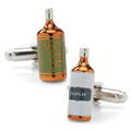 Close-up pair of gin and tonic bottle shaped cufflinks with silver-toned hardware and green and white labels.