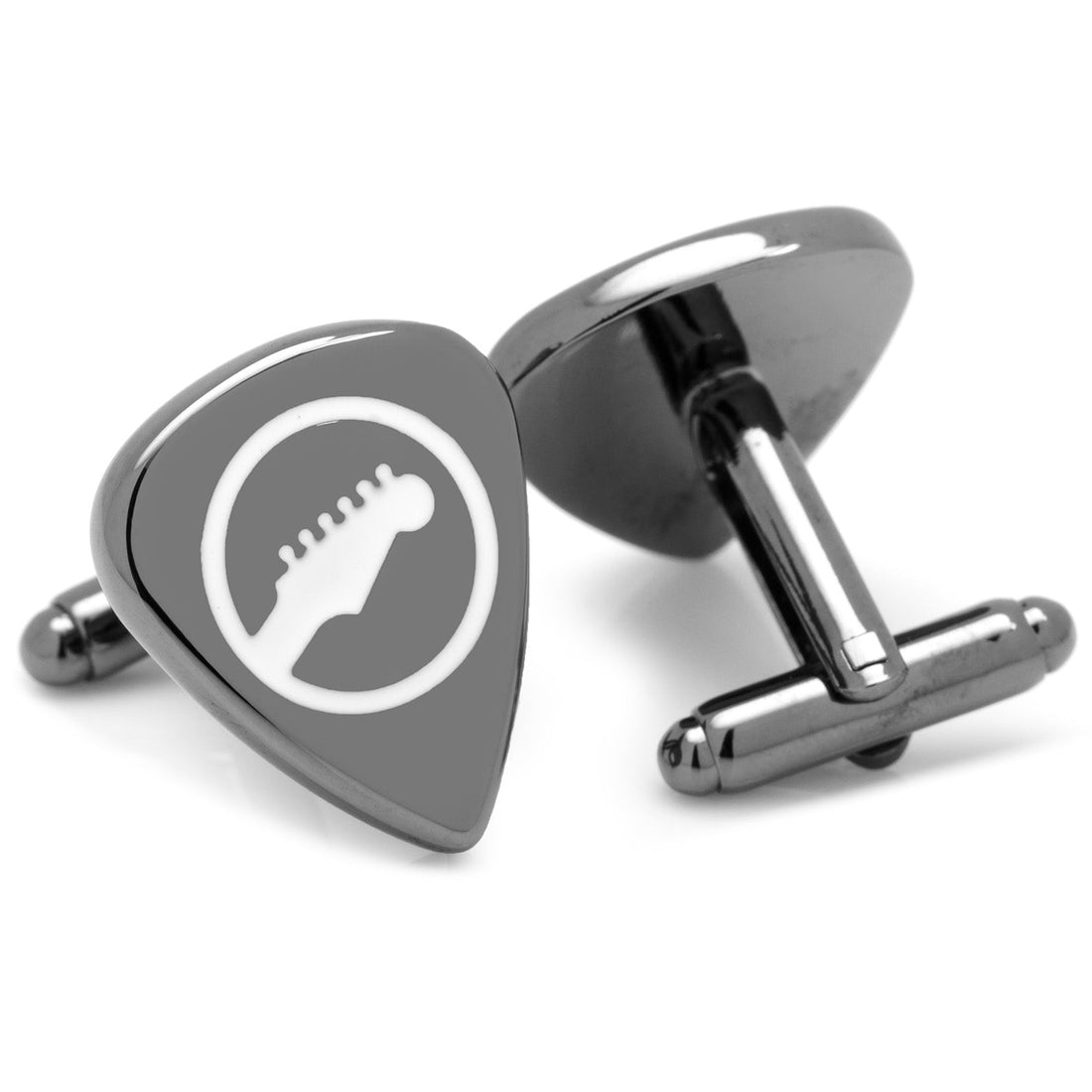 Gunmetal Guitar Pick Cufflinks with White Enamel Logo Design - Image 2