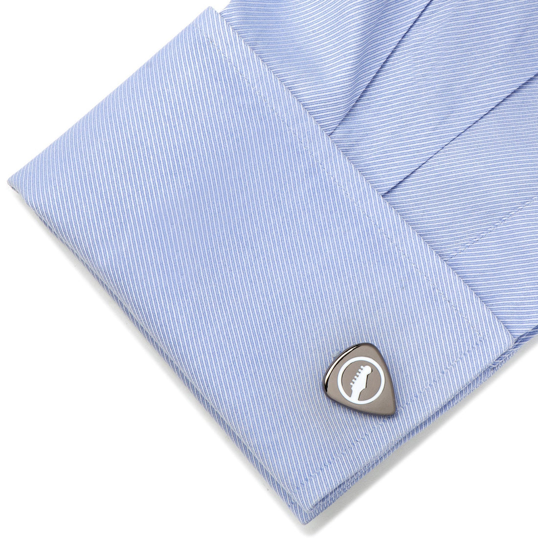 Gunmetal Guitar Pick Cufflinks with White Enamel Logo Design - Image 3