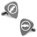 Gunmetal guitar pick cufflinks featuring a white enamel guitar headstock design on a white background