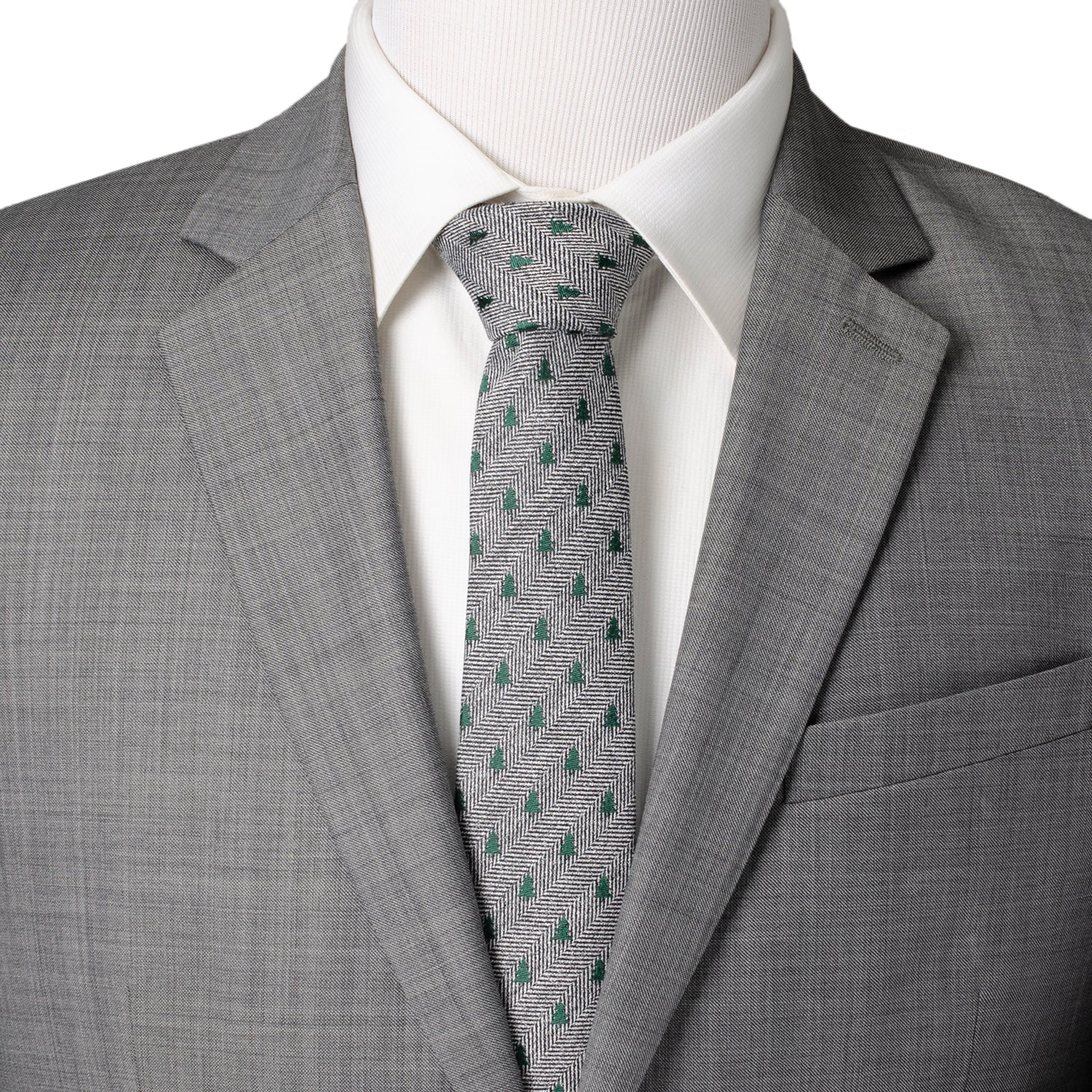 Holiday Tree Herringbone Tie in Grey and Green Silk Blend - Image 2