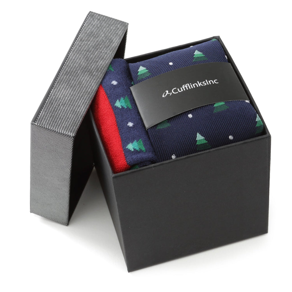 Holiday Tree Print Tie and Sock Gift Set in Navy - Image 2