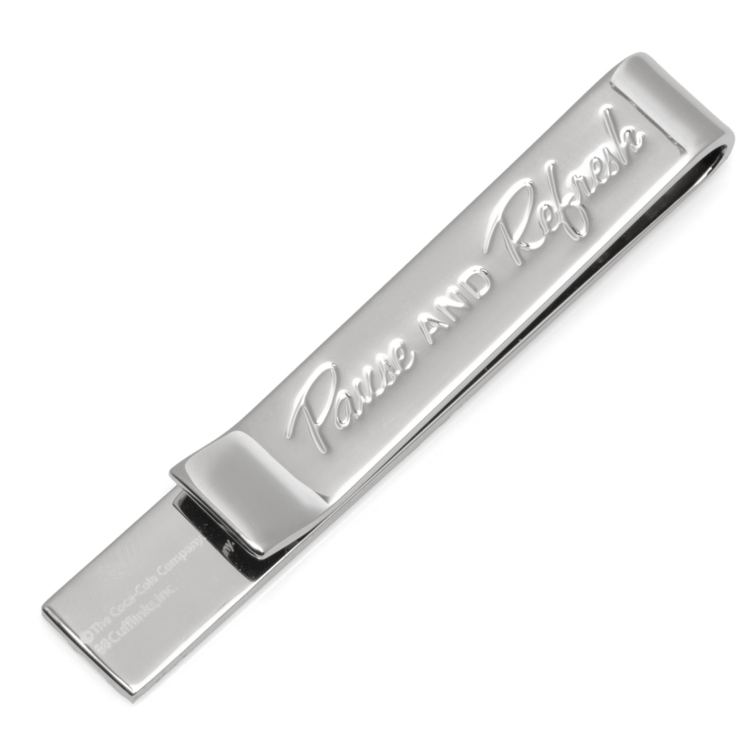 Silver Tone Coca-Cola Hidden Message Tie Bar Pause and Refresh