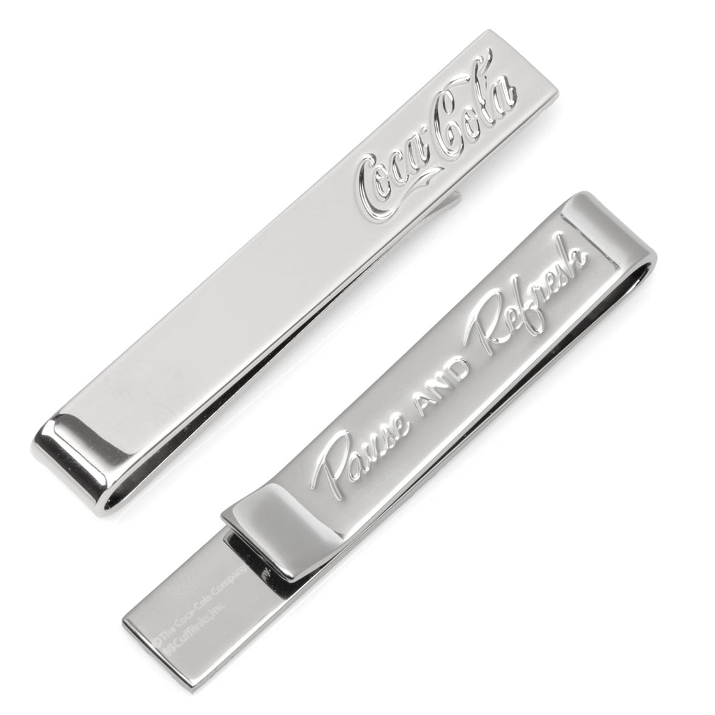 Silver-tone Coca-Cola tie bar with Pause and Refresh hidden message