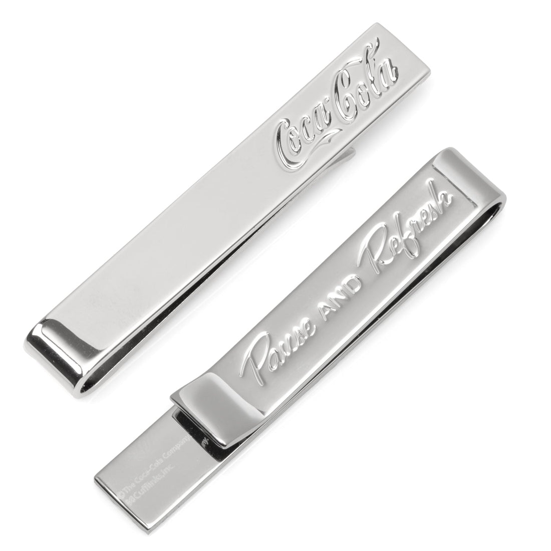 Silver-tone Coca-Cola tie bar with Pause and Refresh hidden message