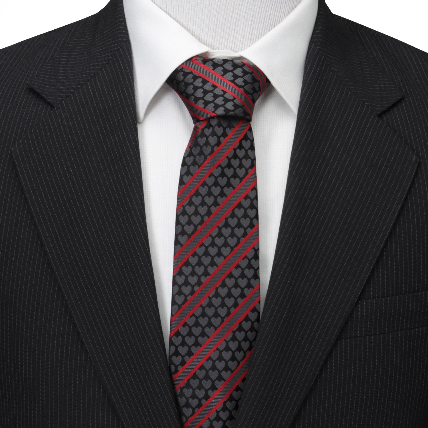 Men's Black and Red Heart Striped Silk Necktie - Image 2