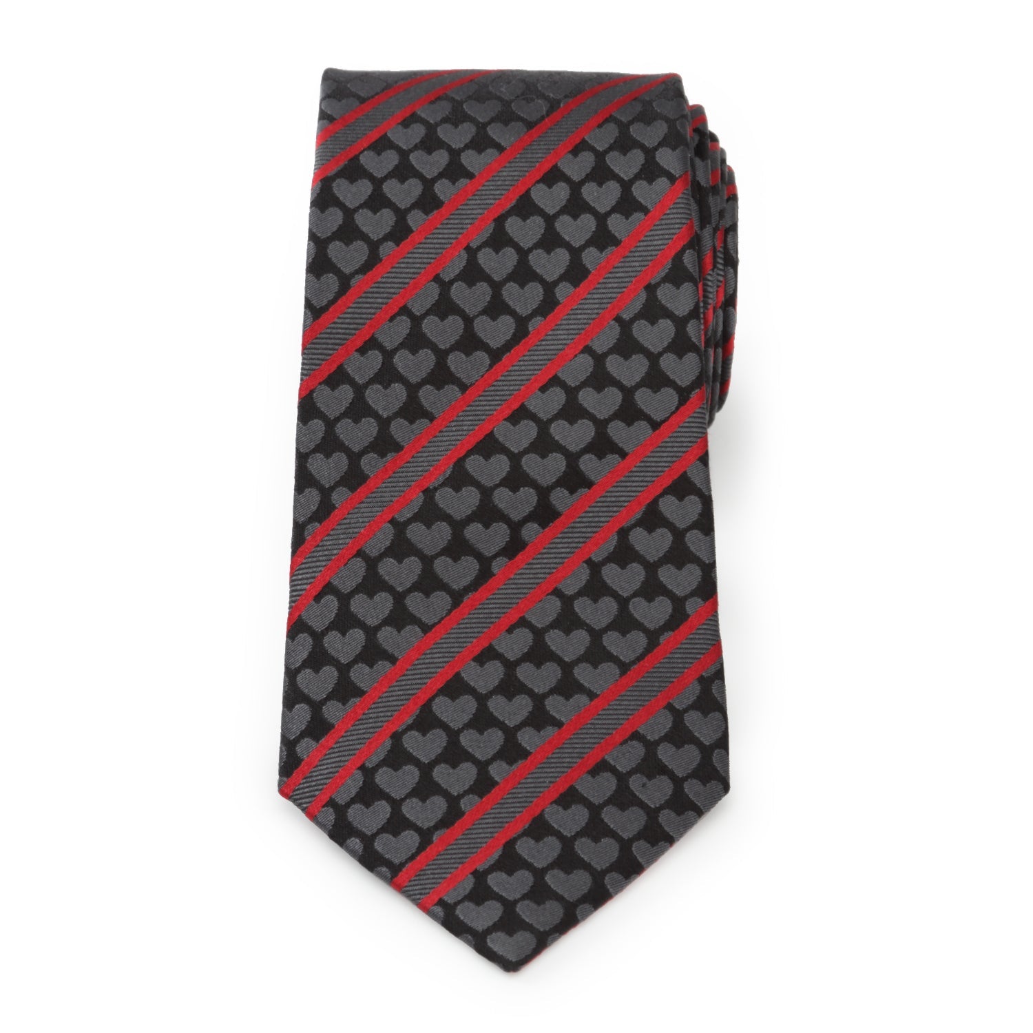 Men's Black and Red Heart Striped Silk Necktie - Image 3