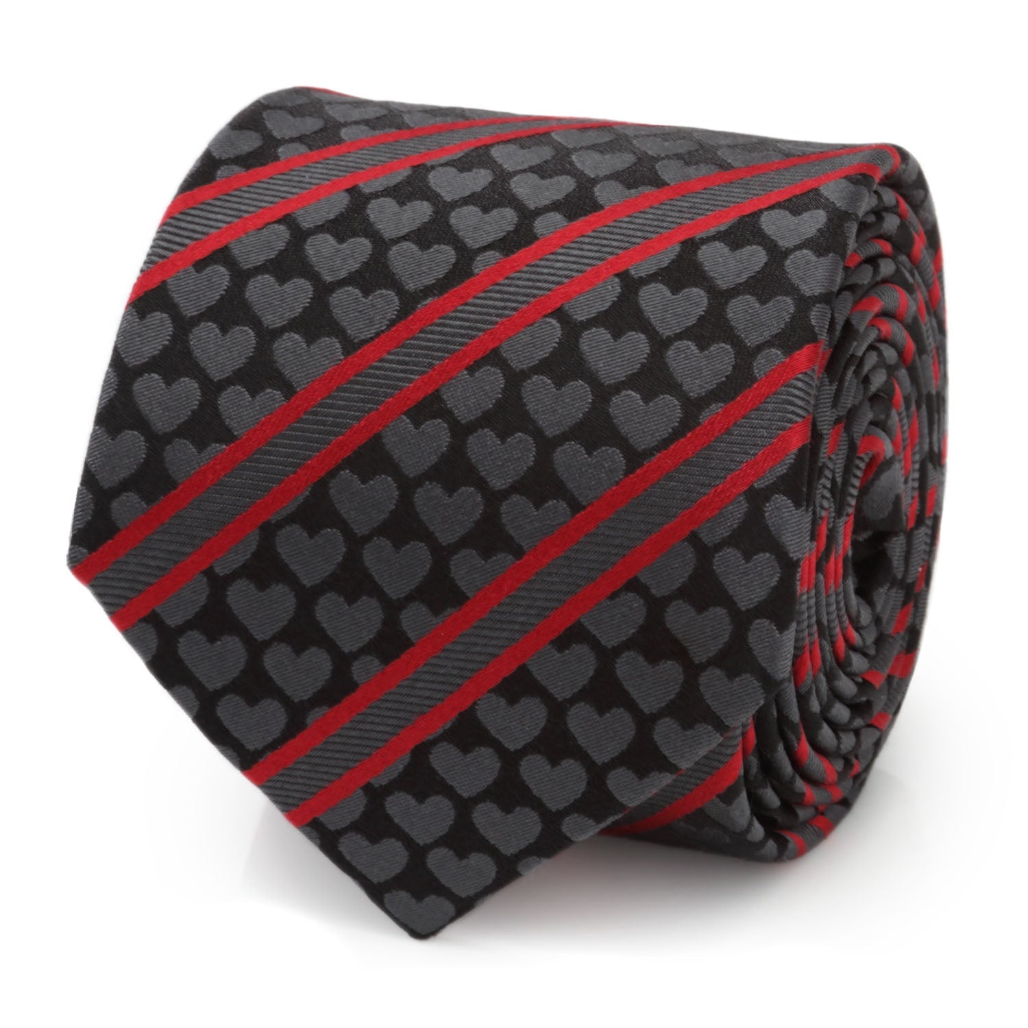A black necktie with gray heart patterns and ruby red ribbon stripes shown on a dress shirt.