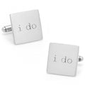 A pair of square-shaped cufflinks with an antique silver finish and the words I Do engraved on each face