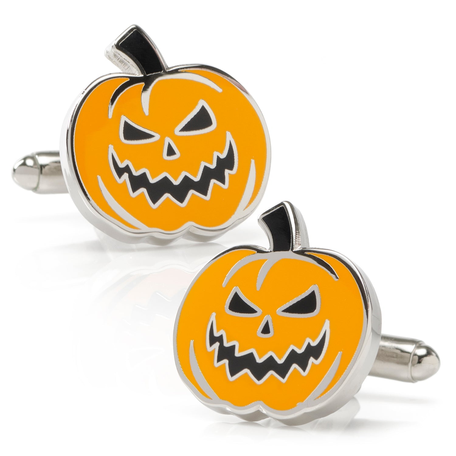 Close up of vibrant orange and black Jack-O-Lantern pumpkin cufflinks with silver metal trim