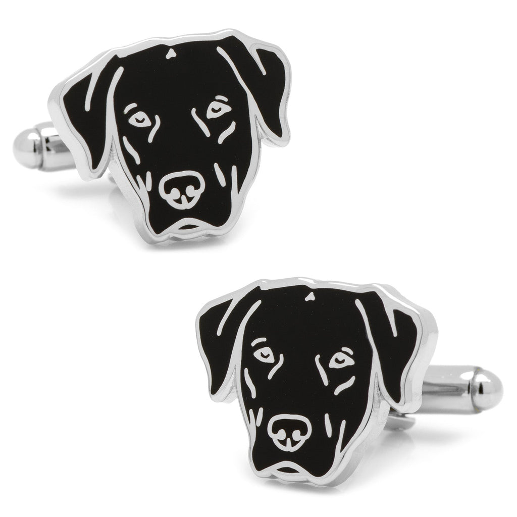 A pair of silver-tone cufflinks shaped like the head of a black Labrador retriever.