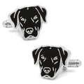 A pair of silver-tone cufflinks shaped like the head of a black Labrador retriever.