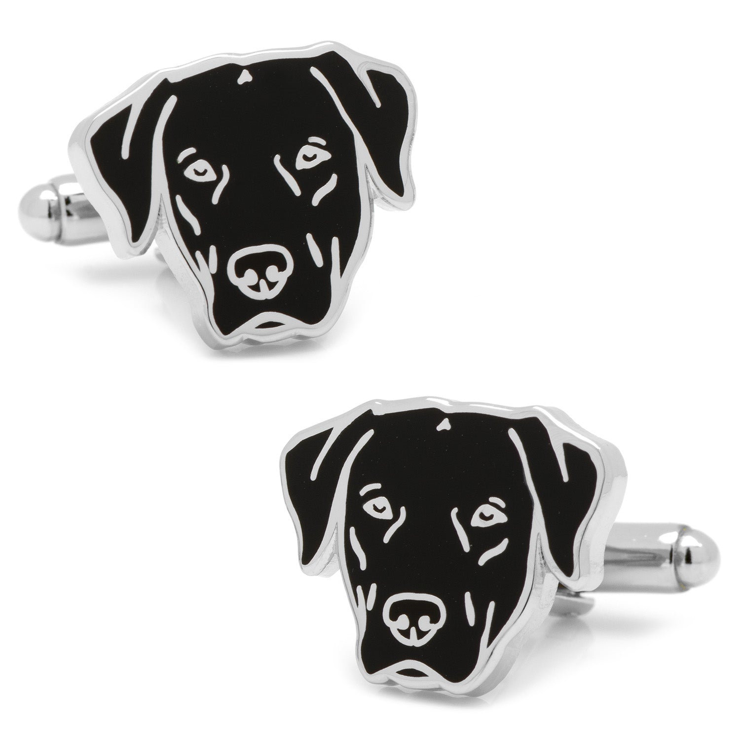 A pair of silver-tone cufflinks shaped like the head of a black Labrador retriever.