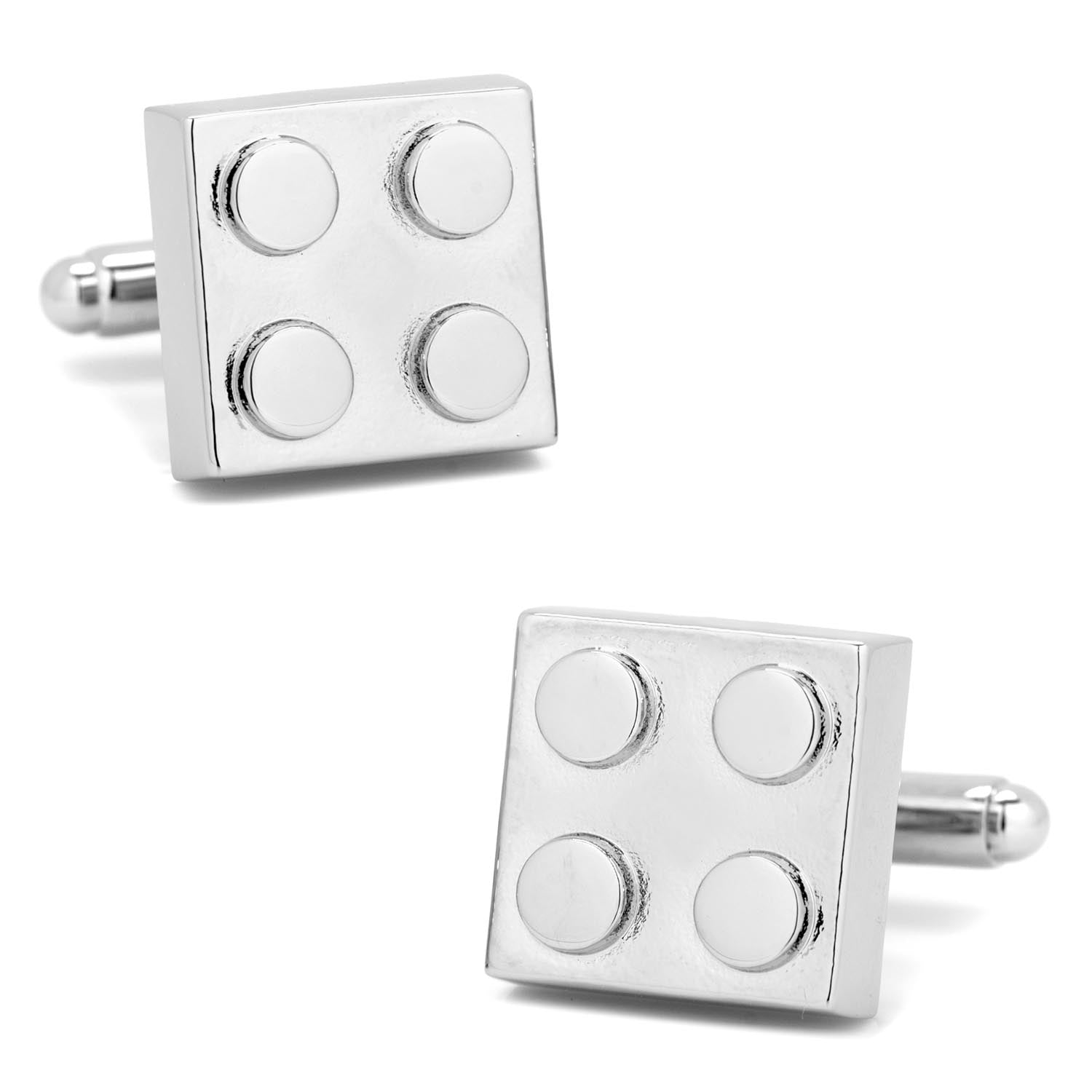 A pair of shiny silver square cufflinks featuring a 2x2 building block design on a white background.