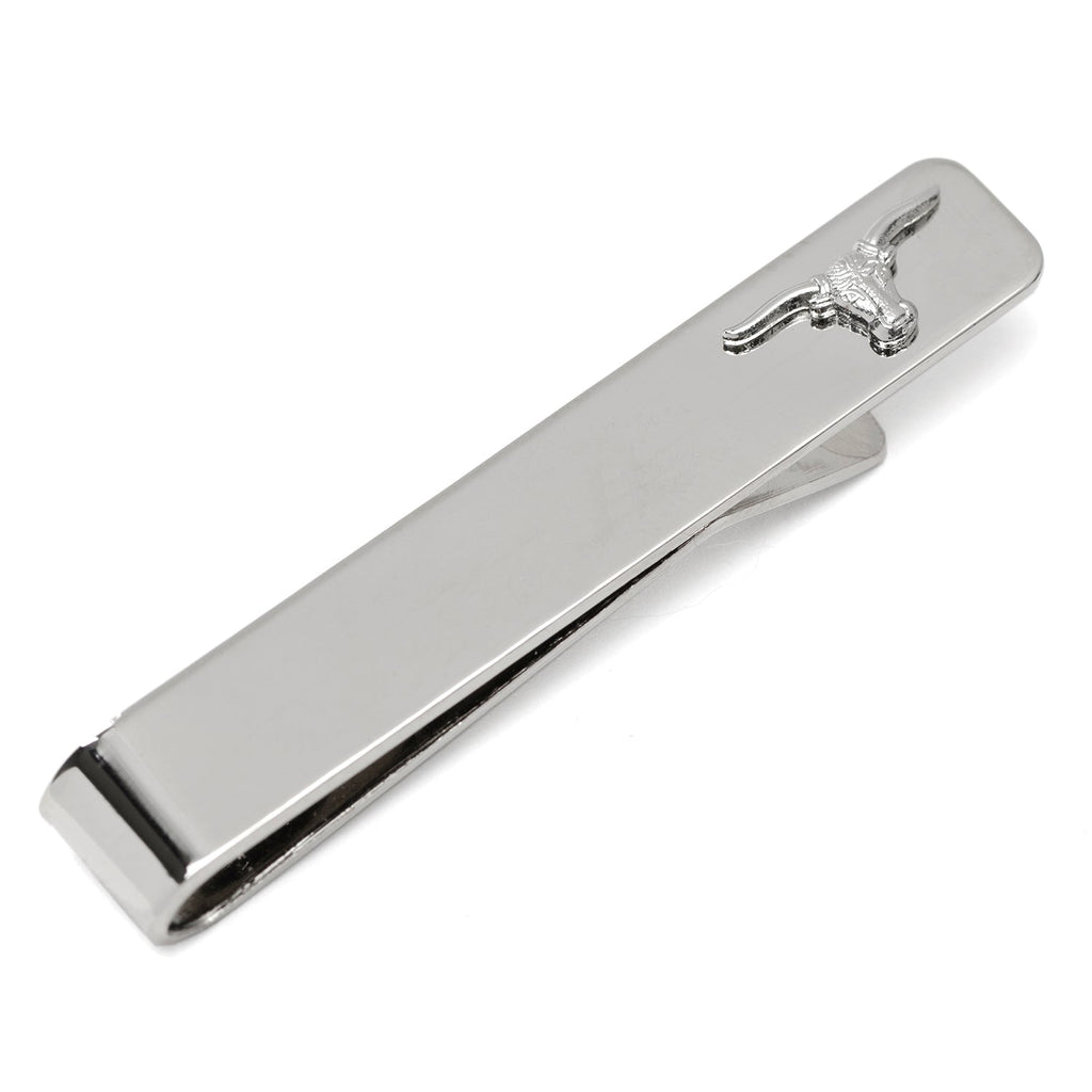 Polished silver-tone tie bar featuring a raised longhorn steer emblem on the right side.