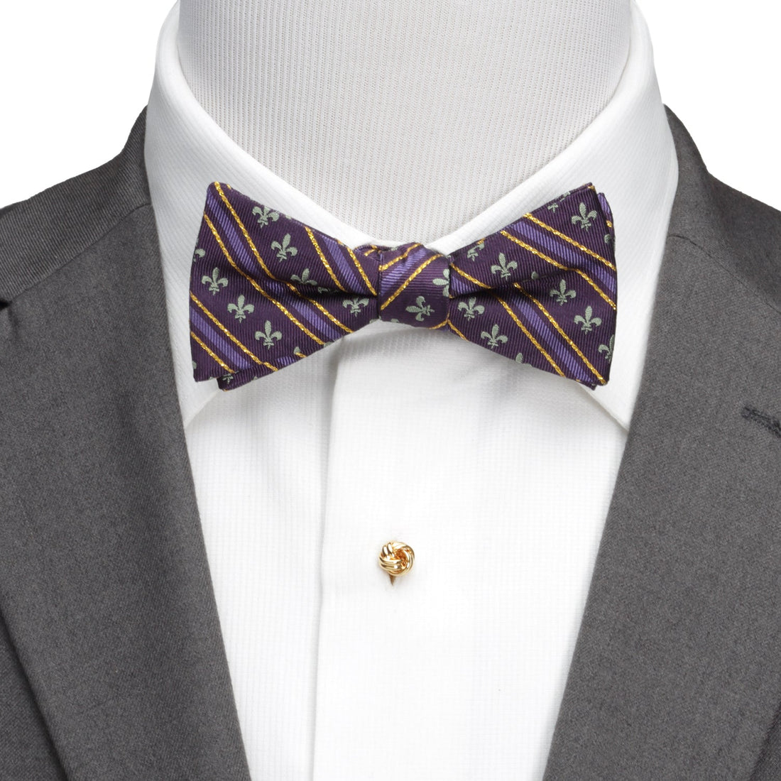 Purple Fleur-de-Lis Stripe Silk Bow Tie for Mardi Gras - Image 2
