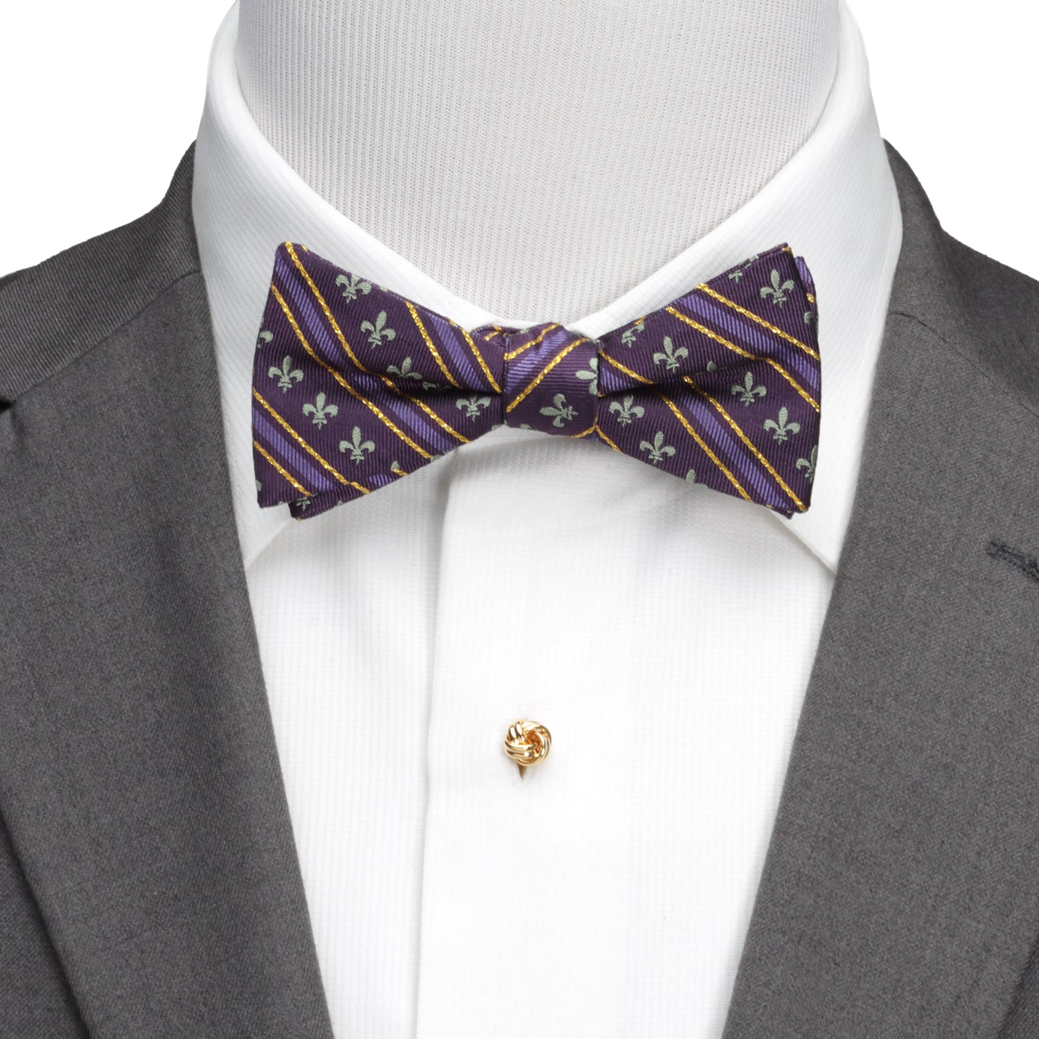 Purple Fleur-de-Lis Stripe Silk Bow Tie for Mardi Gras - Image 2
