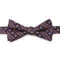 A purple pre-tied silk bow tie with a green fleur-de-lis pattern and thin gold stripes.