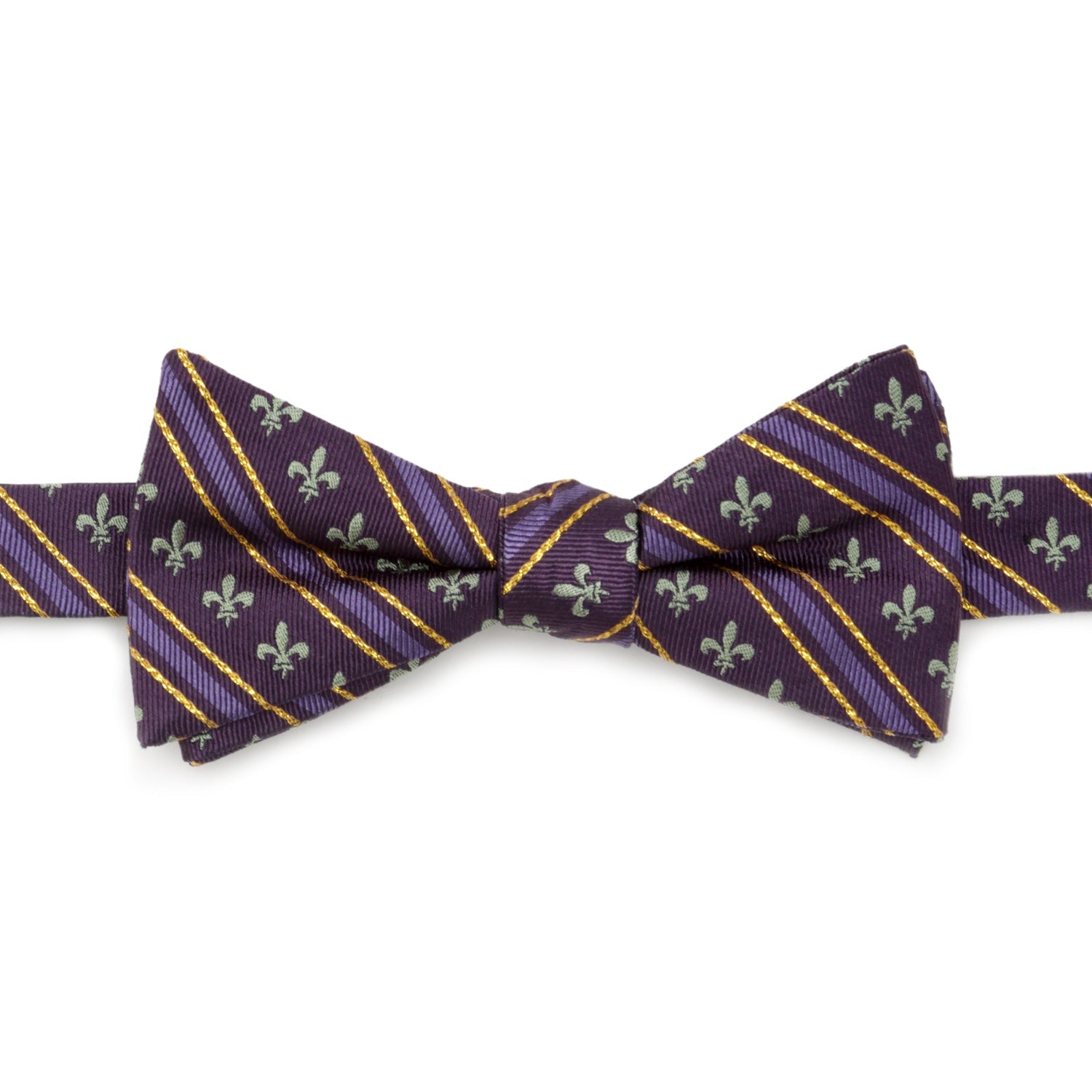 A purple pre-tied silk bow tie with a green fleur-de-lis pattern and thin gold stripes.