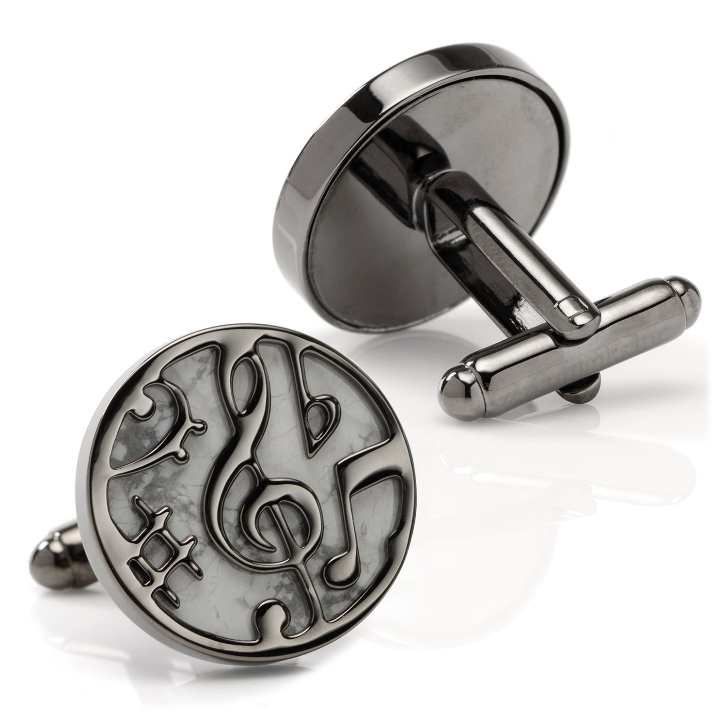 Music Note Round Cufflinks in Gunmetal and White Marble Effect - Image 2