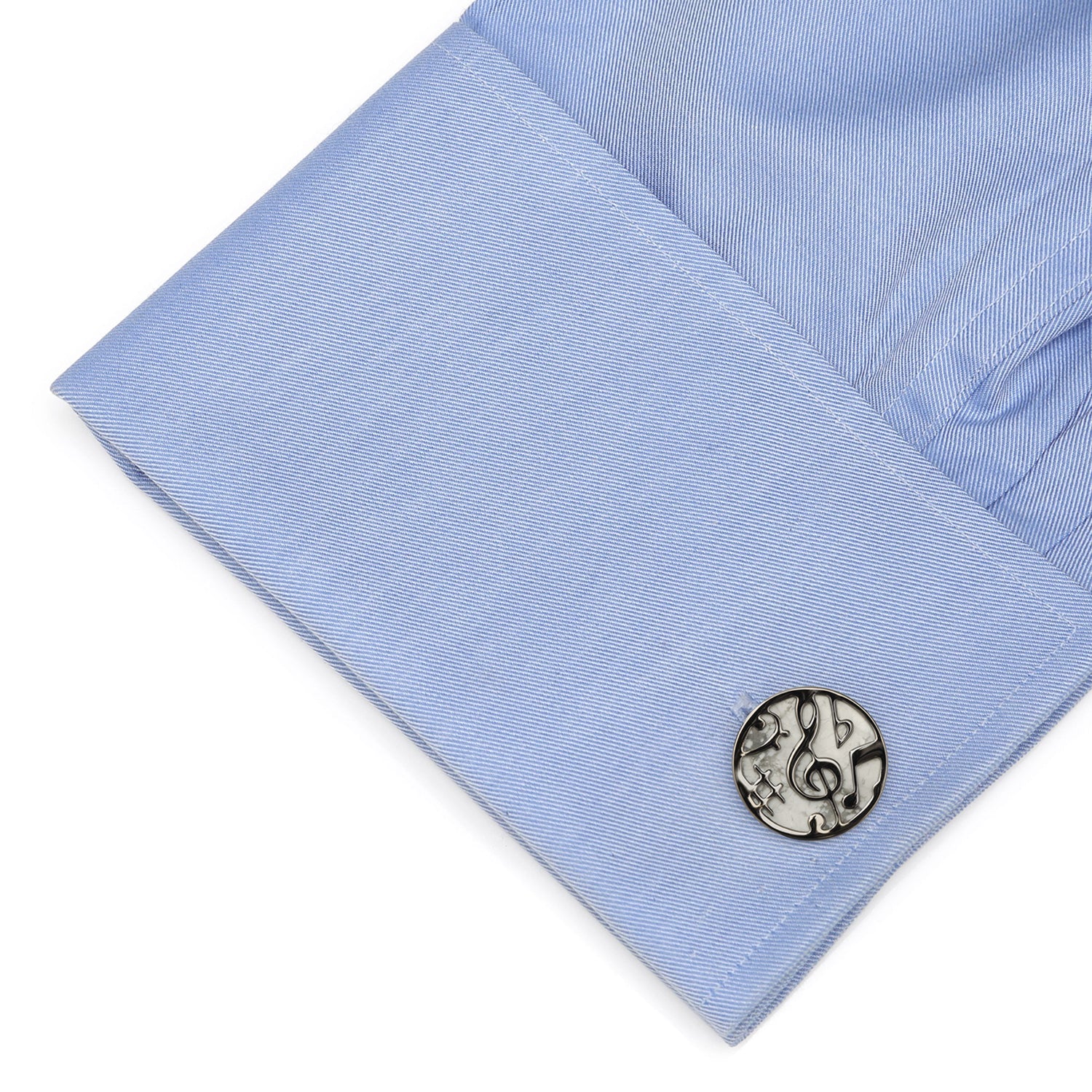 Music Note Round Cufflinks in Gunmetal and White Marble Effect - Image 3