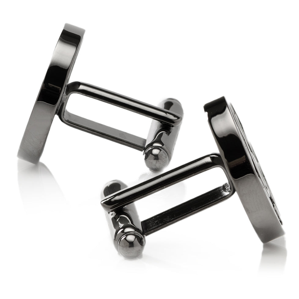 Music Note Round Cufflinks in Gunmetal and White Marble Effect - Image 4