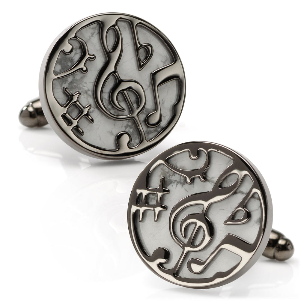 Round music note cufflinks featuring a silver-tone metallic frame with a white marble-look background.