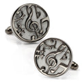 Round music note cufflinks featuring a silver-tone metallic frame with a white marble-look background.