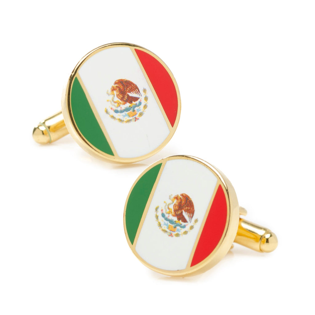 Round Mexico flag cufflinks with gold-tone finish and bullet backing