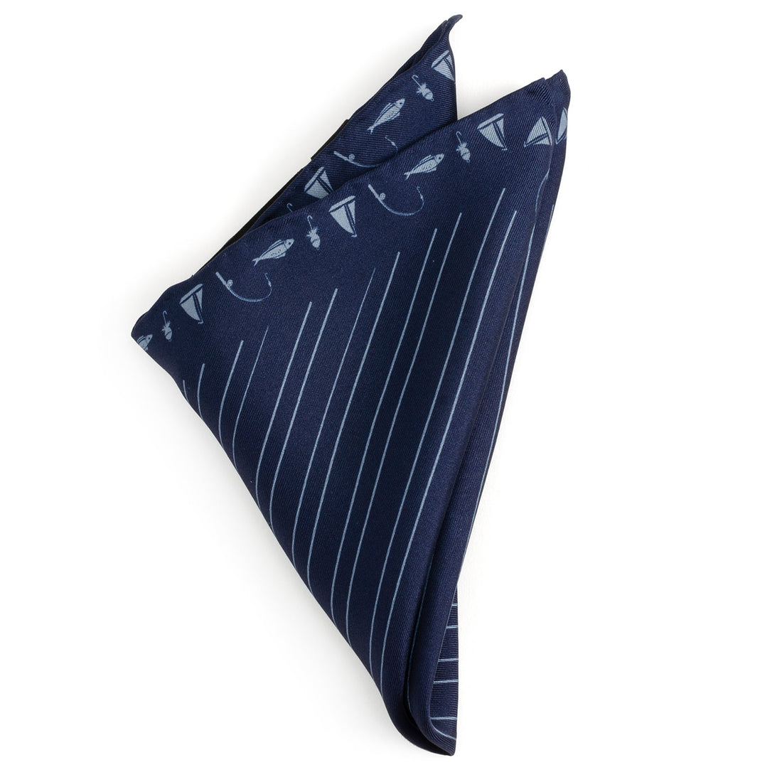 Nautical Navy Blue Silk Pocket Square with Fishing Theme - Image 2
