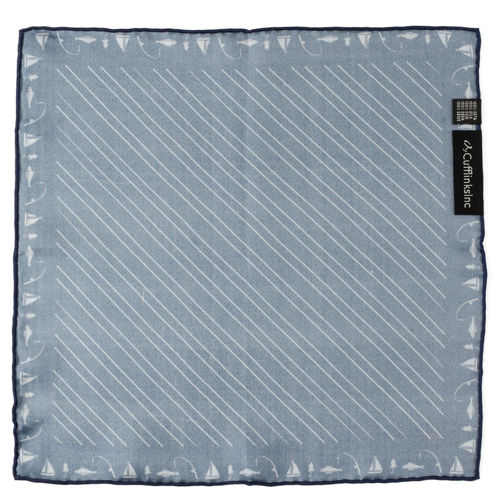 Nautical Navy Blue Silk Pocket Square with Fishing Theme - Image 3