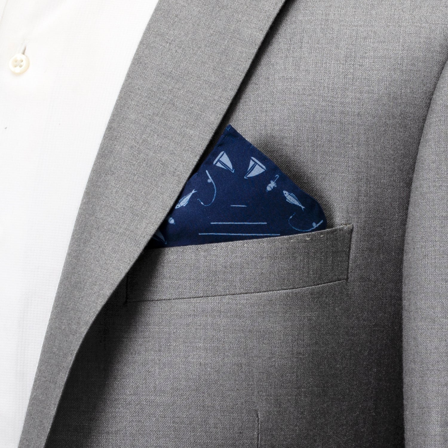 Nautical Navy Blue Silk Pocket Square with Fishing Theme - Image 4
